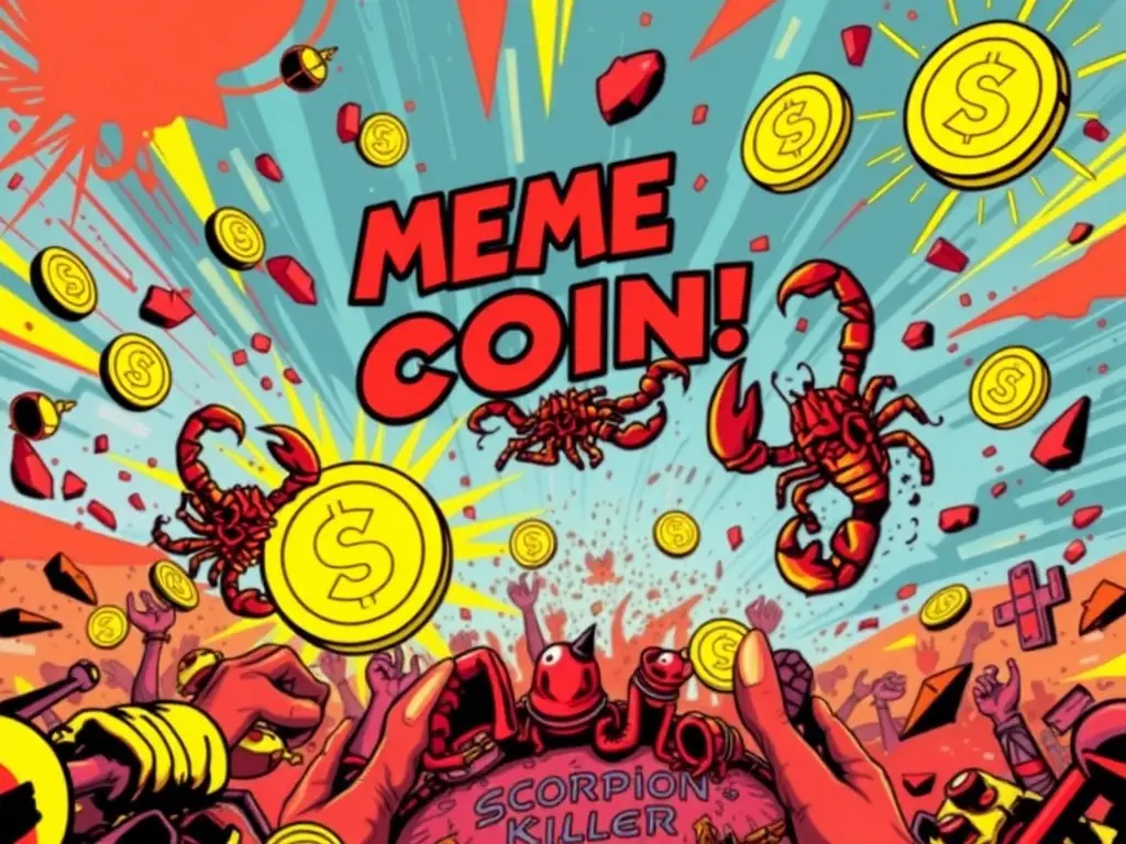 A dynamic scene of a meme coin revolution with vibrant graphics and symbols.