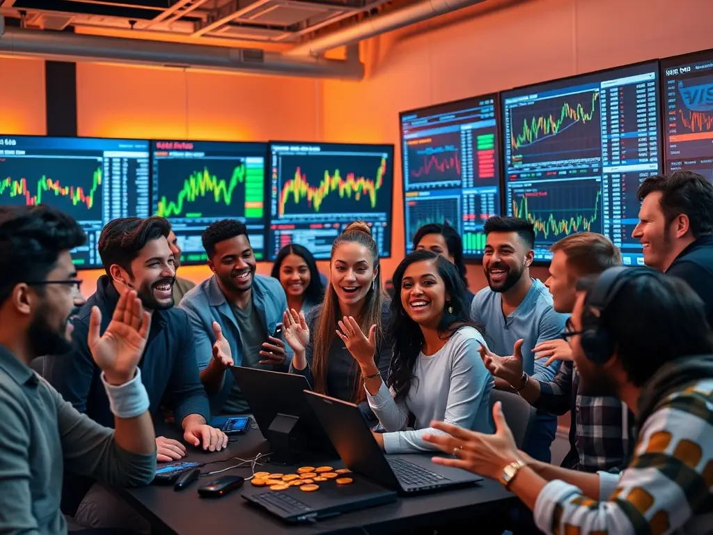 A diverse community engaging in a lively discussion about meme coins in a modern digital space.