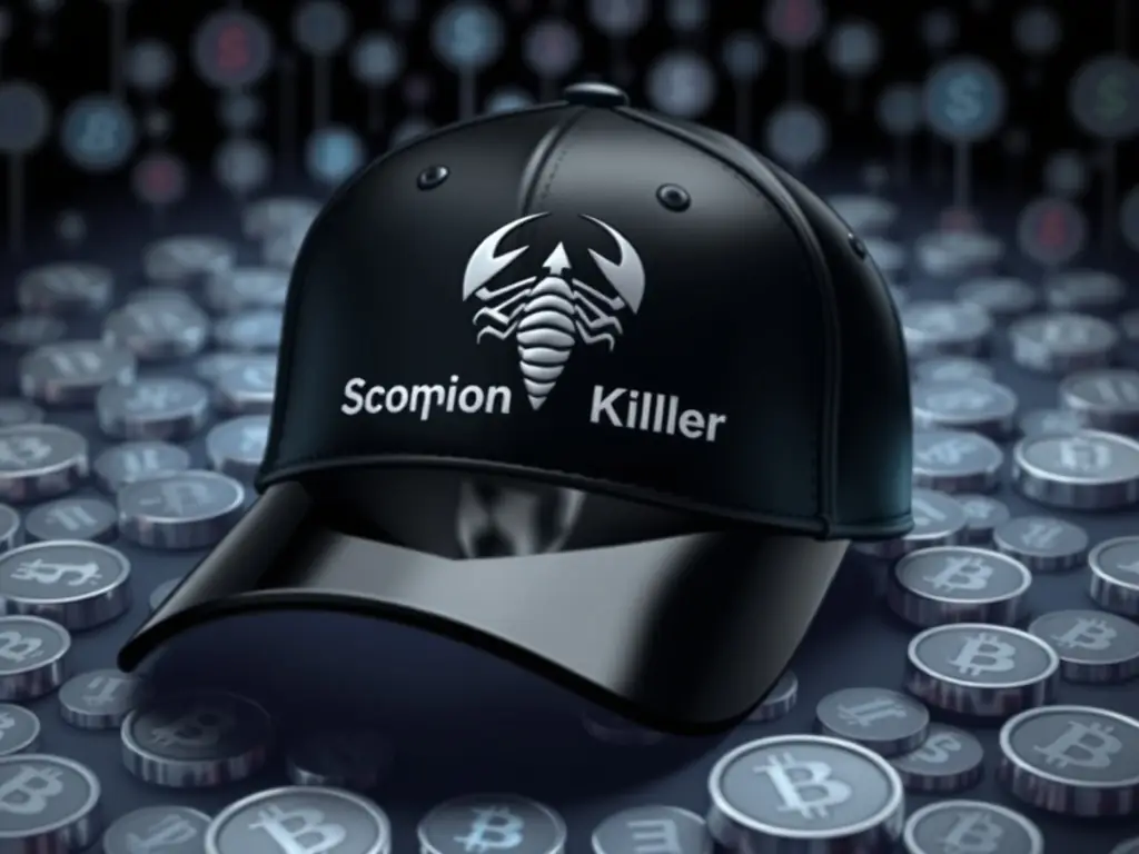 Black cap with ScorpionKiller emblem surrounded by digital currency icons.
