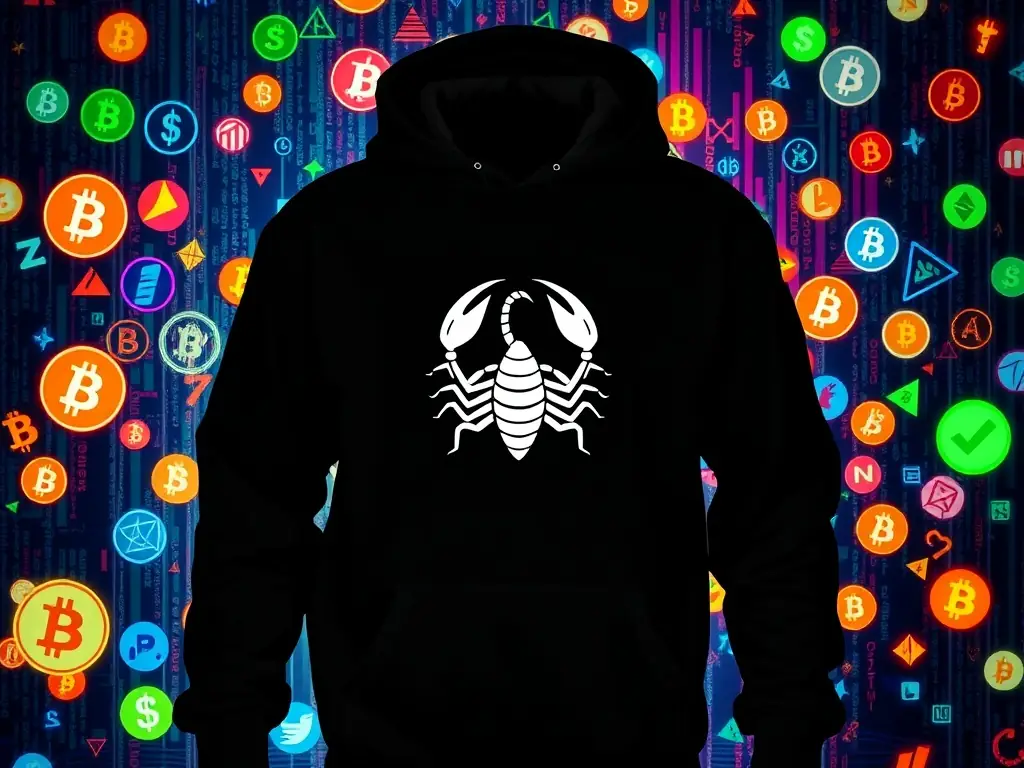 Black hoodie with ScorpionKiller logo against a digital background of cryptocurrency symbols.