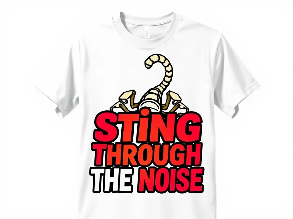 White t-shirt with a scorpion graphic and 'Sting Through the Noise' phrase in vibrant colors.